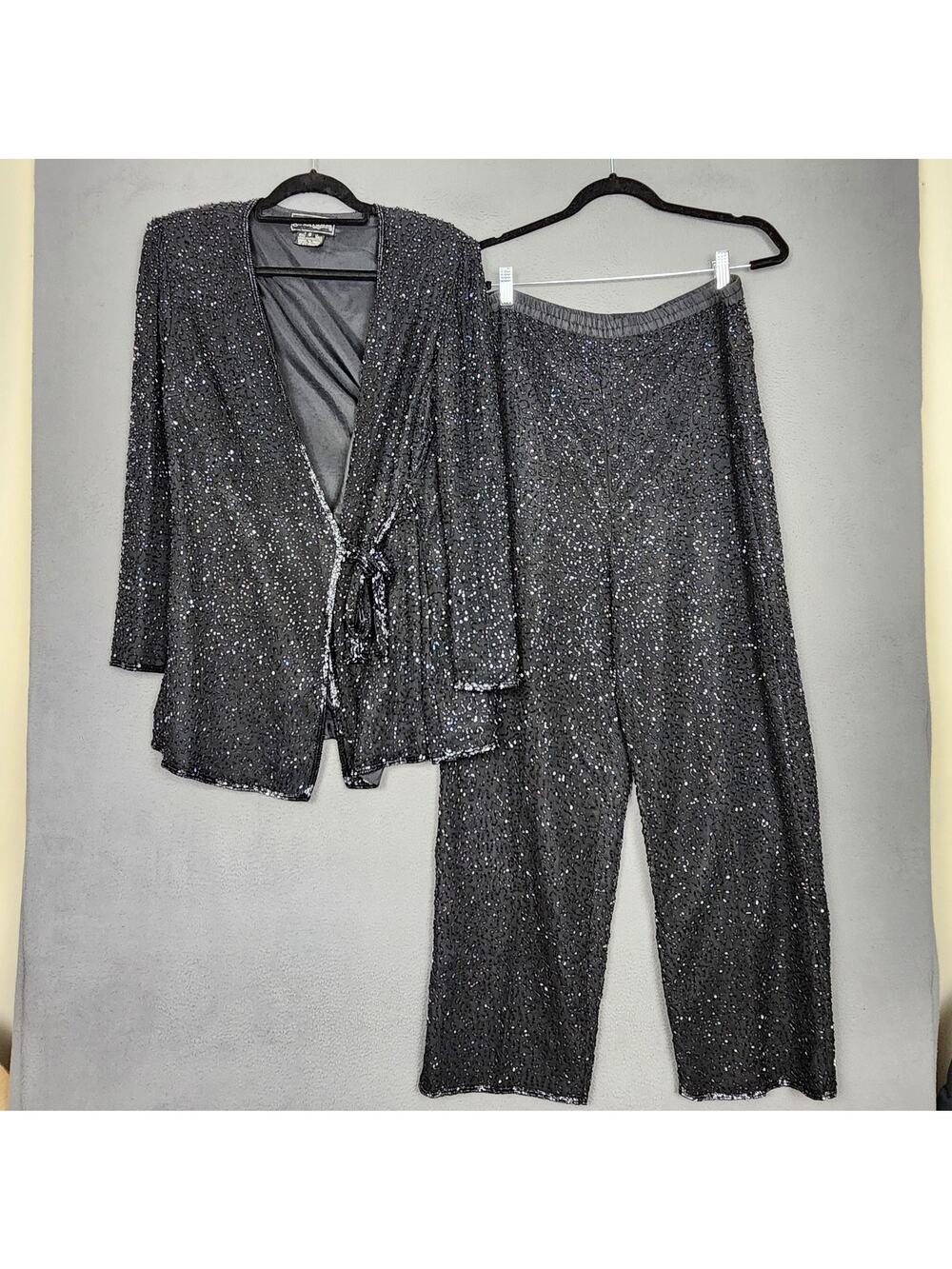 Vintage Jewel Queen Pantsuit Womens 8 Black Beaded Silk Formal Evening 90s